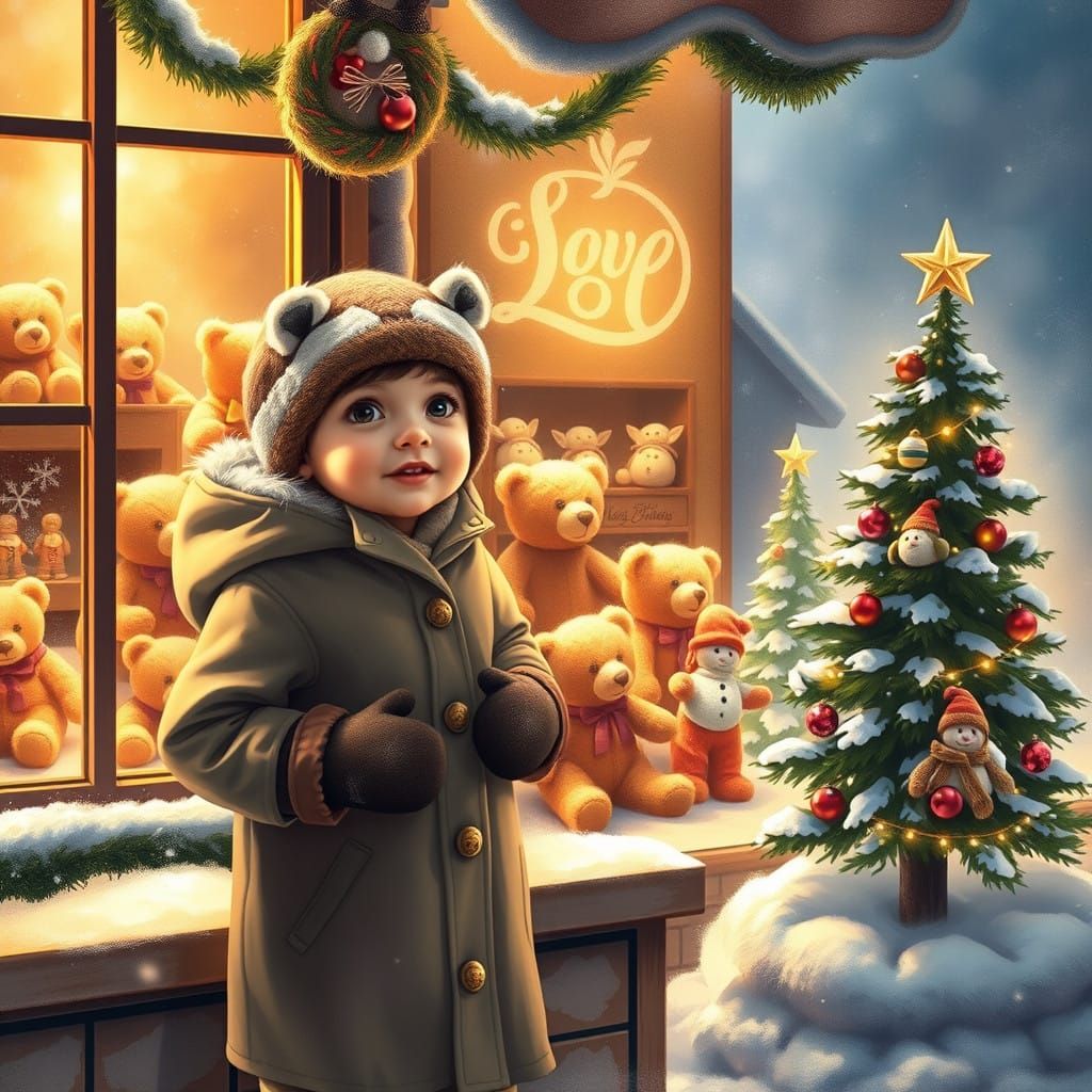 Enchanted Winter Wonderland Scene with Teddy Bears and Chris...