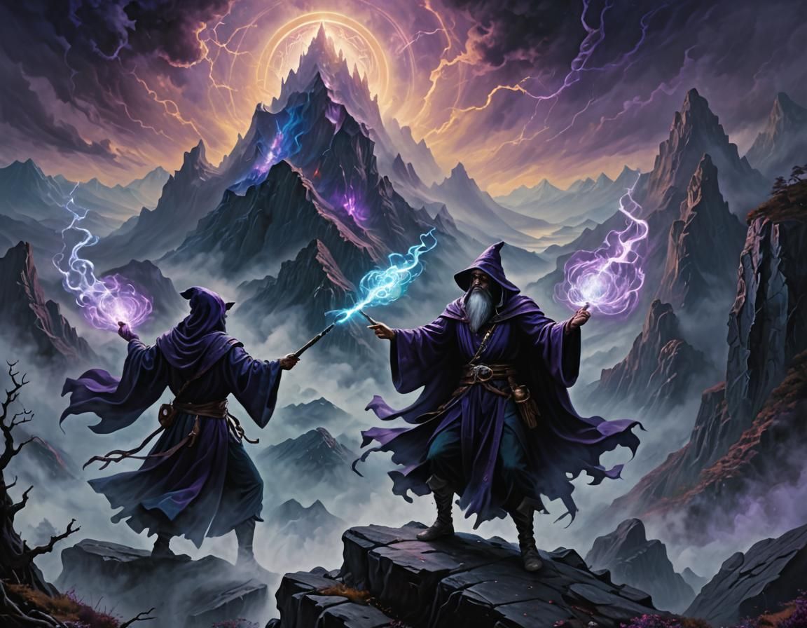 Epic Wizard Battle in Ethereal Dark Fantasy Landscape