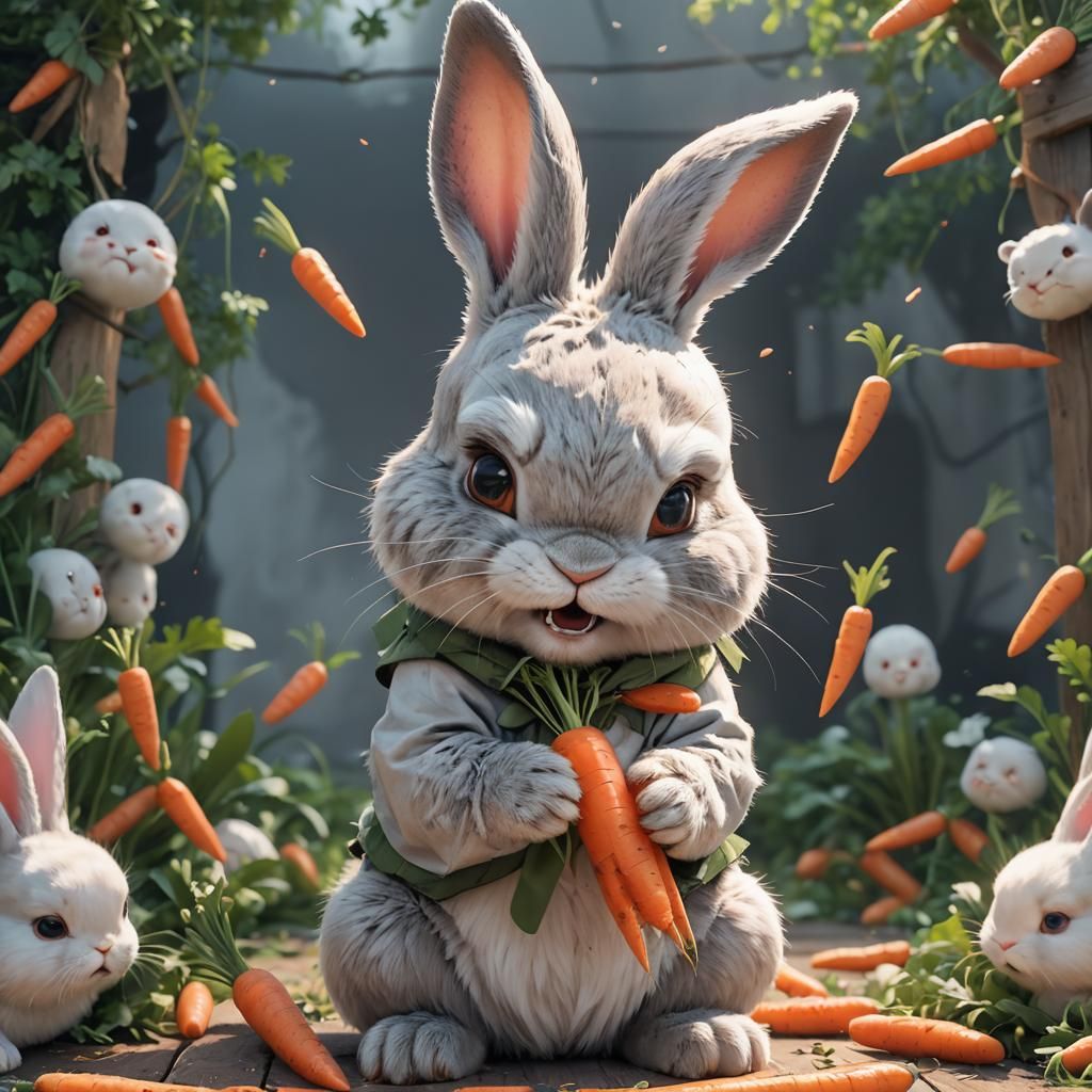 Angry Cute Bunny Munching Carrots: 3D Anime Art