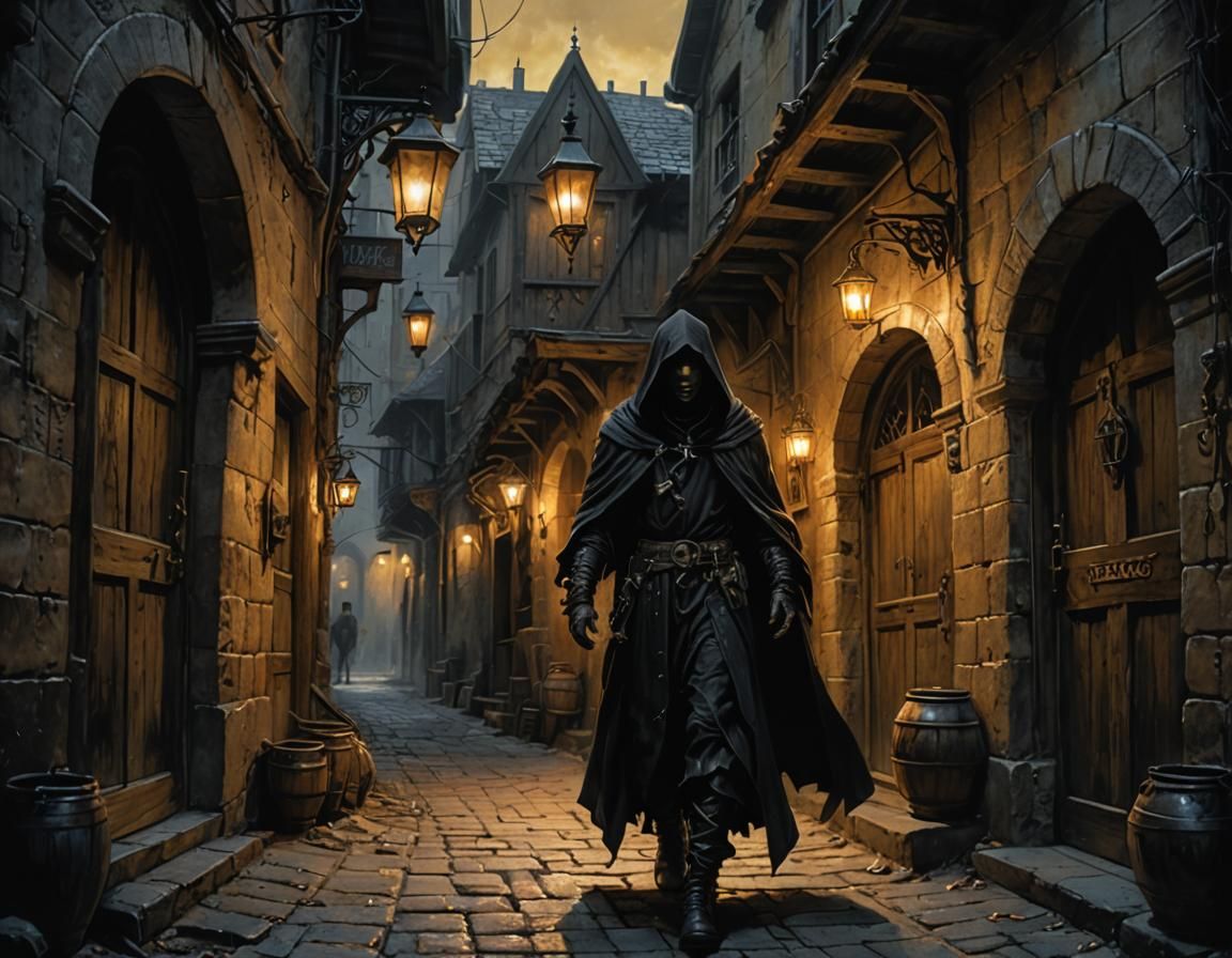 Gothic Tavern Scene with Hooded Figure in Luis Royo Style