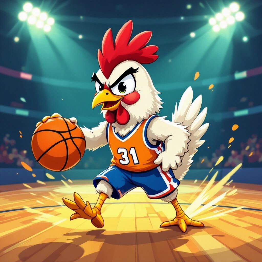 Cartoon Chicken Dribbles Basketball in Energetic Court Scene