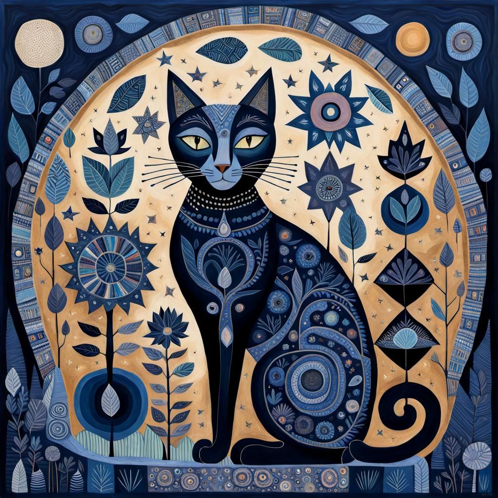 Whimsical Indigo Cat Poster Art in 3D