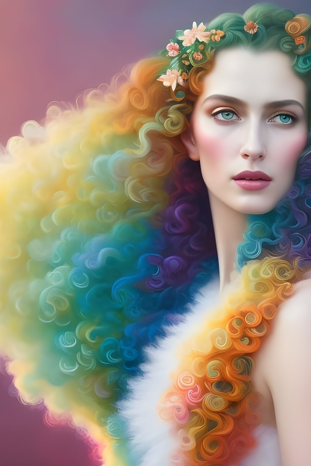 Gorgeous Queen with Rainbow Flowers: Detailed Portrait