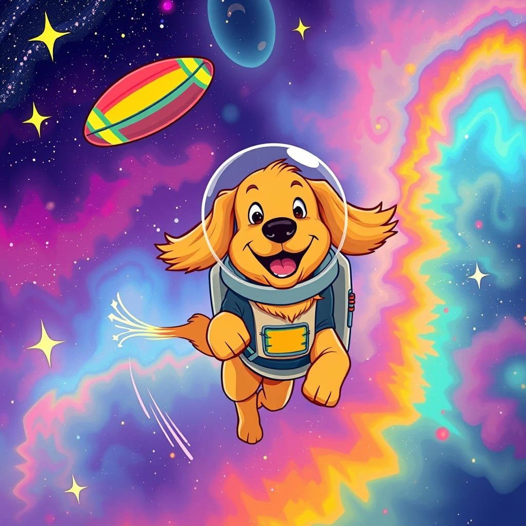 Golden Retriever in a Spacesuit Chases Rainbow Frisbee Throu...