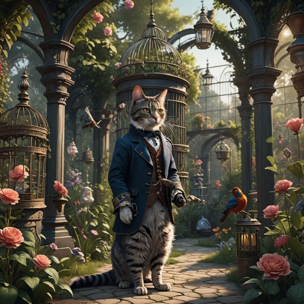 Victorian Cat in Garden, Detailed Matte Painting