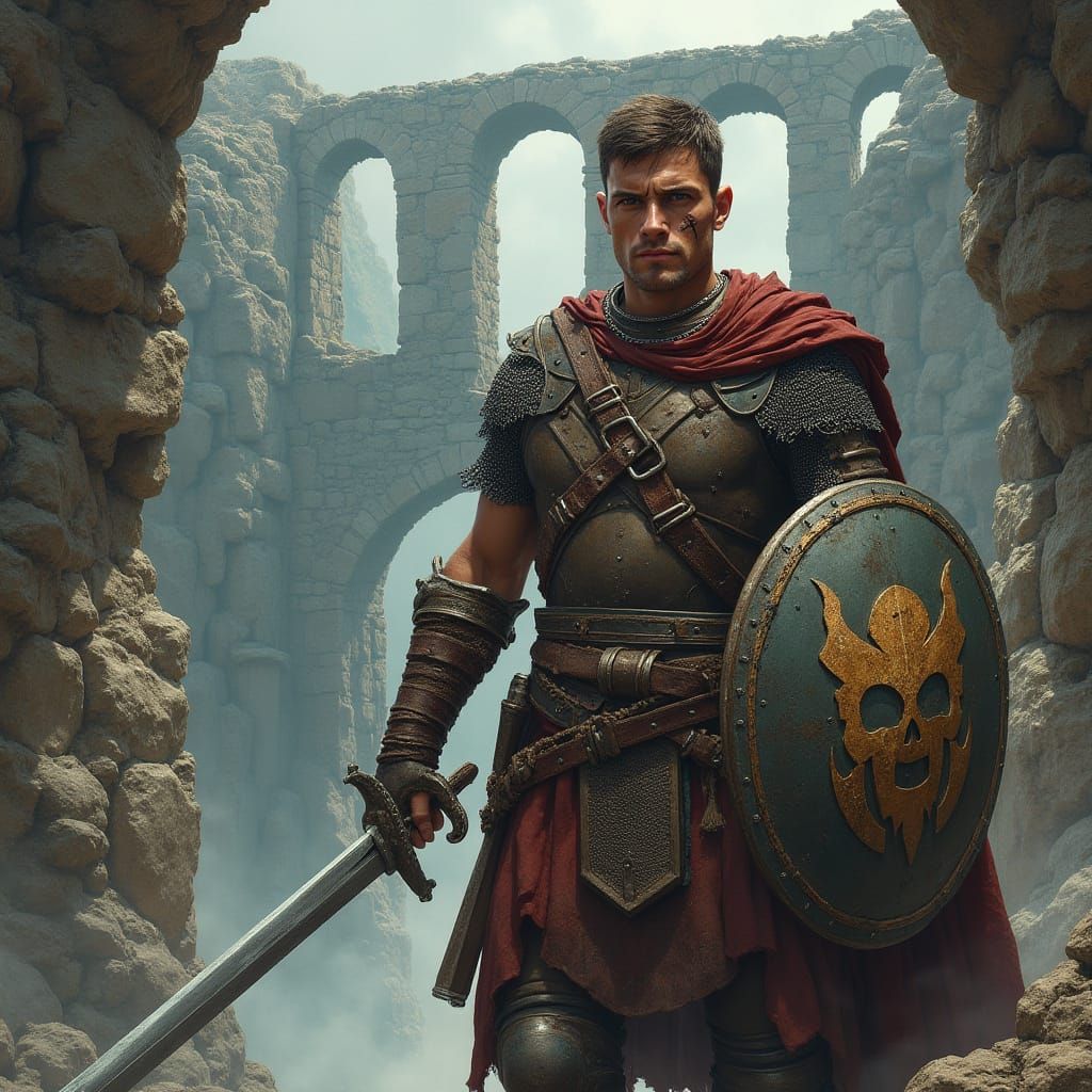Rugged Warrior on Ancient Bridge in Frazetta Style