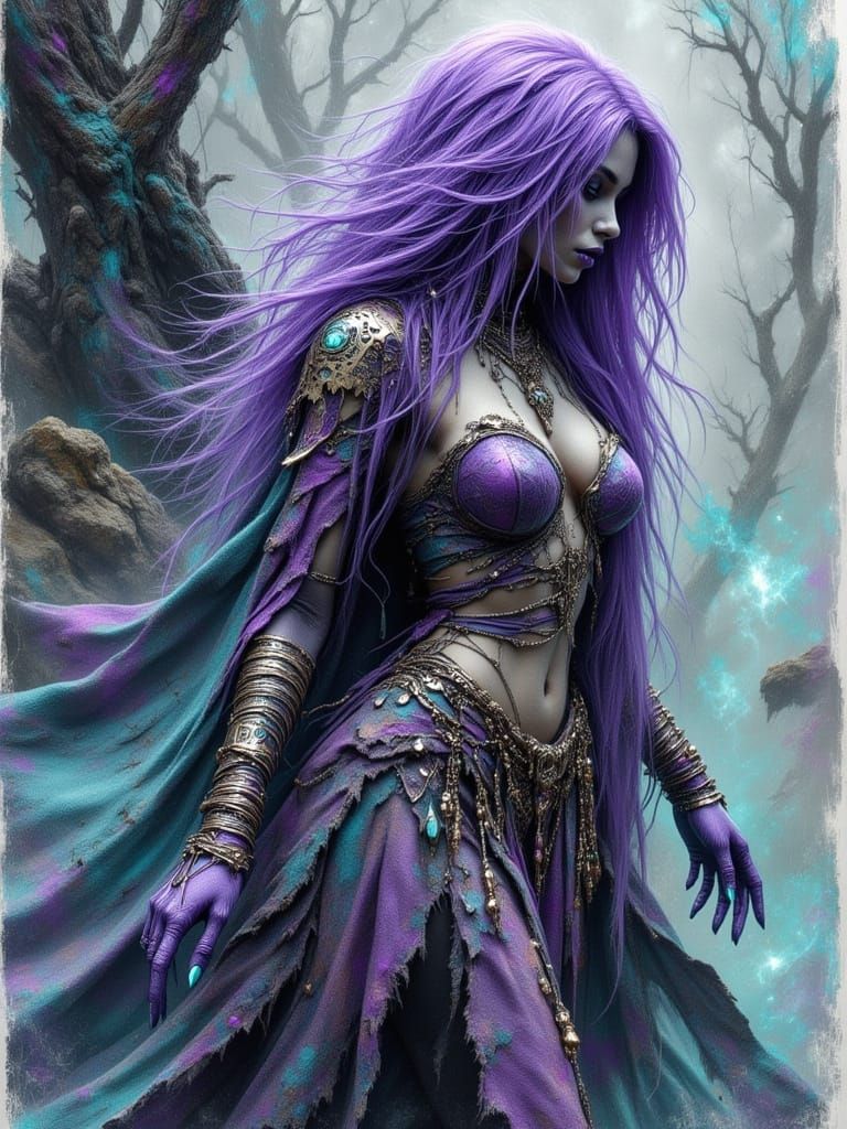 Ethereal Forest Sorceress in Charcoal Drawing