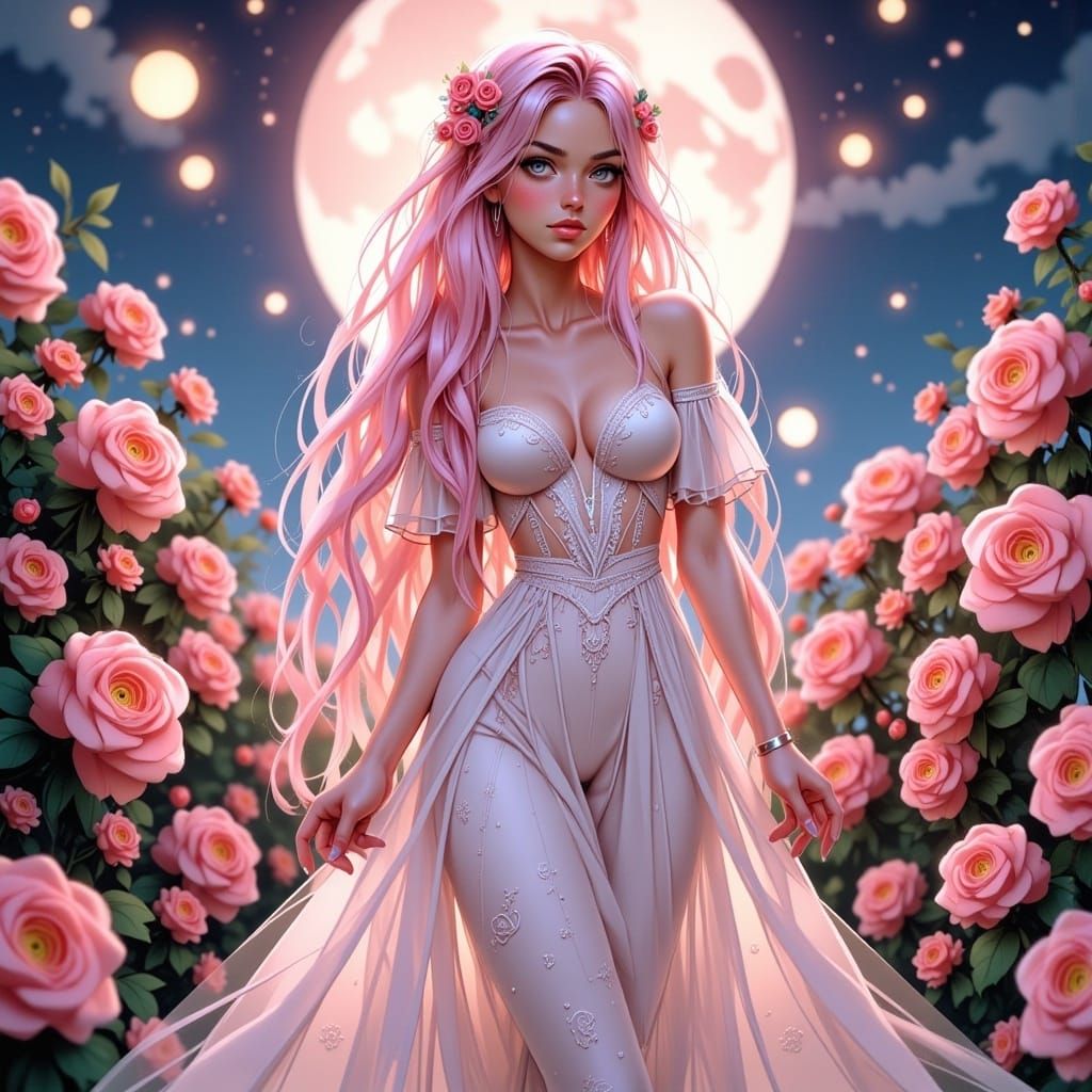 Anime Woman in Rose Garden with Glowing Lanterns