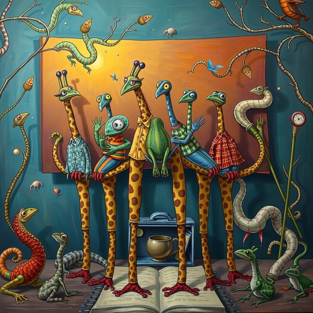 Bizarre Giraffe-Salamander Creature in Worm-Infested Book