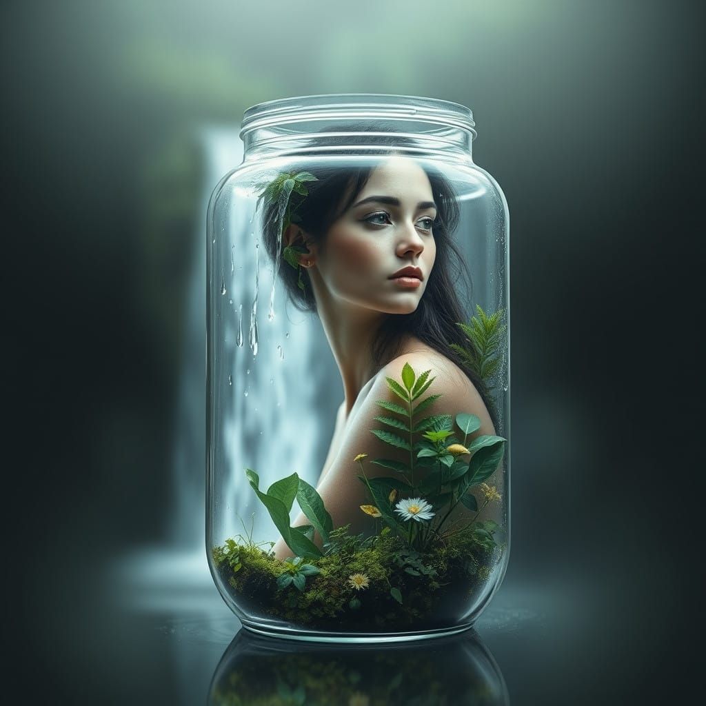 Ethereal Woman in Glass Jar, Double Exposure Art