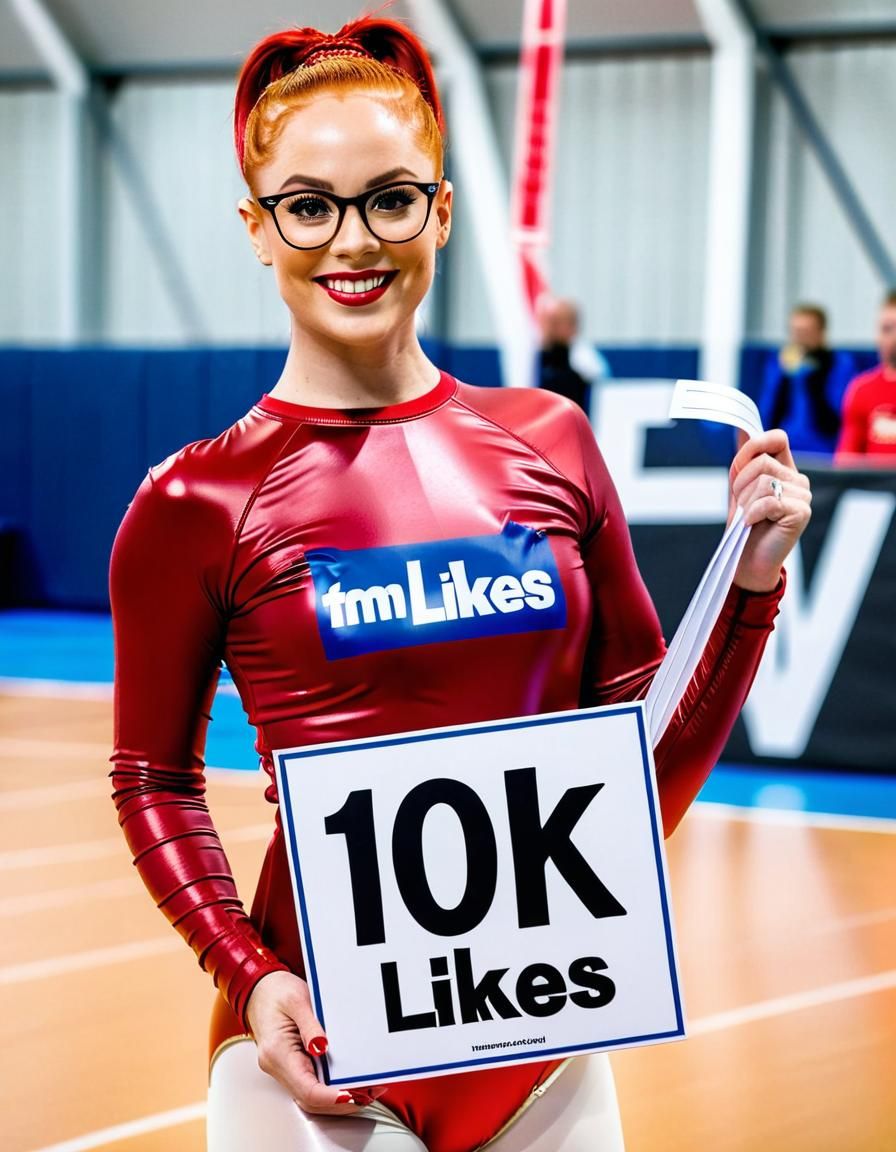 Woman in Red Leotard Holding 10K Sign