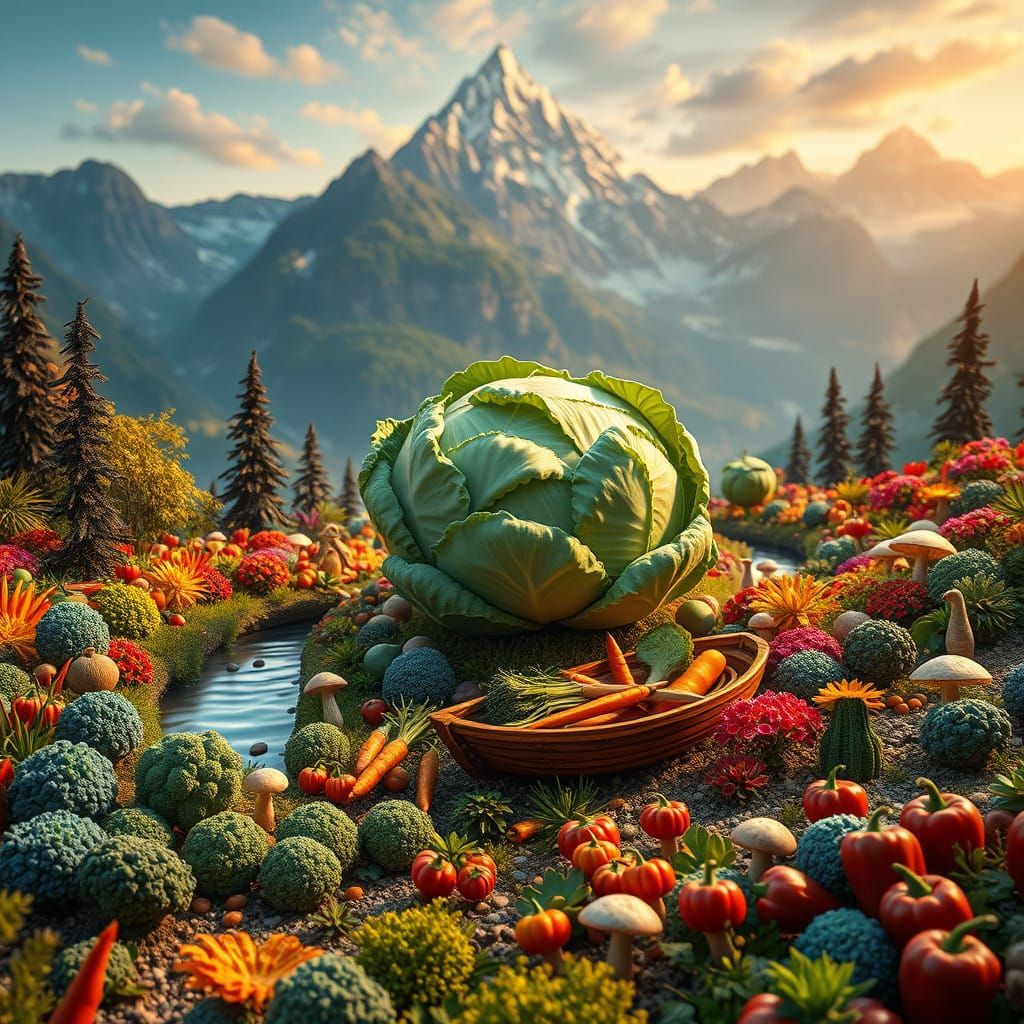 Vibrant Vegetable Garden Micro-Landscape with Majestic Backd...