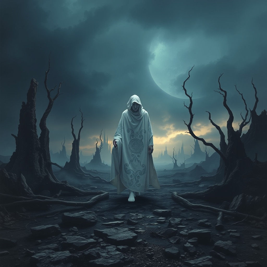 Apocalyptic Figure in Desolate Landscape