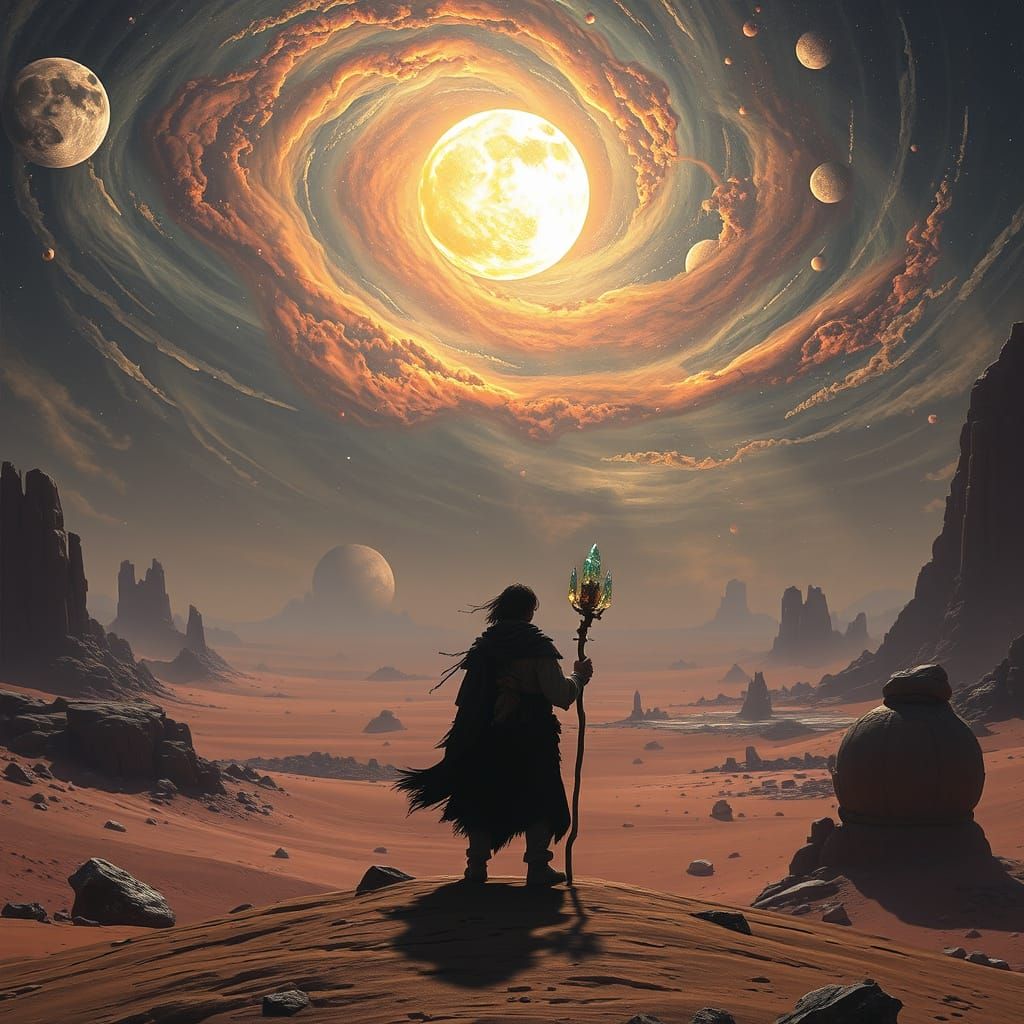 A lone traveler stands at the edge of a vast, alien desert, gazing up at a sky filled with swirling nebulae and binary s...