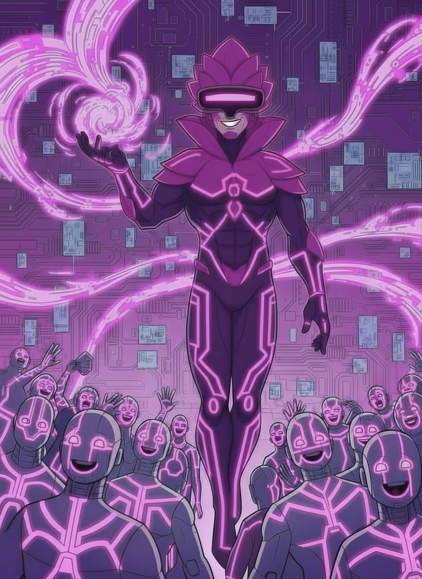 Pink and Purple Humanoid Hero in Cyberpunk Style