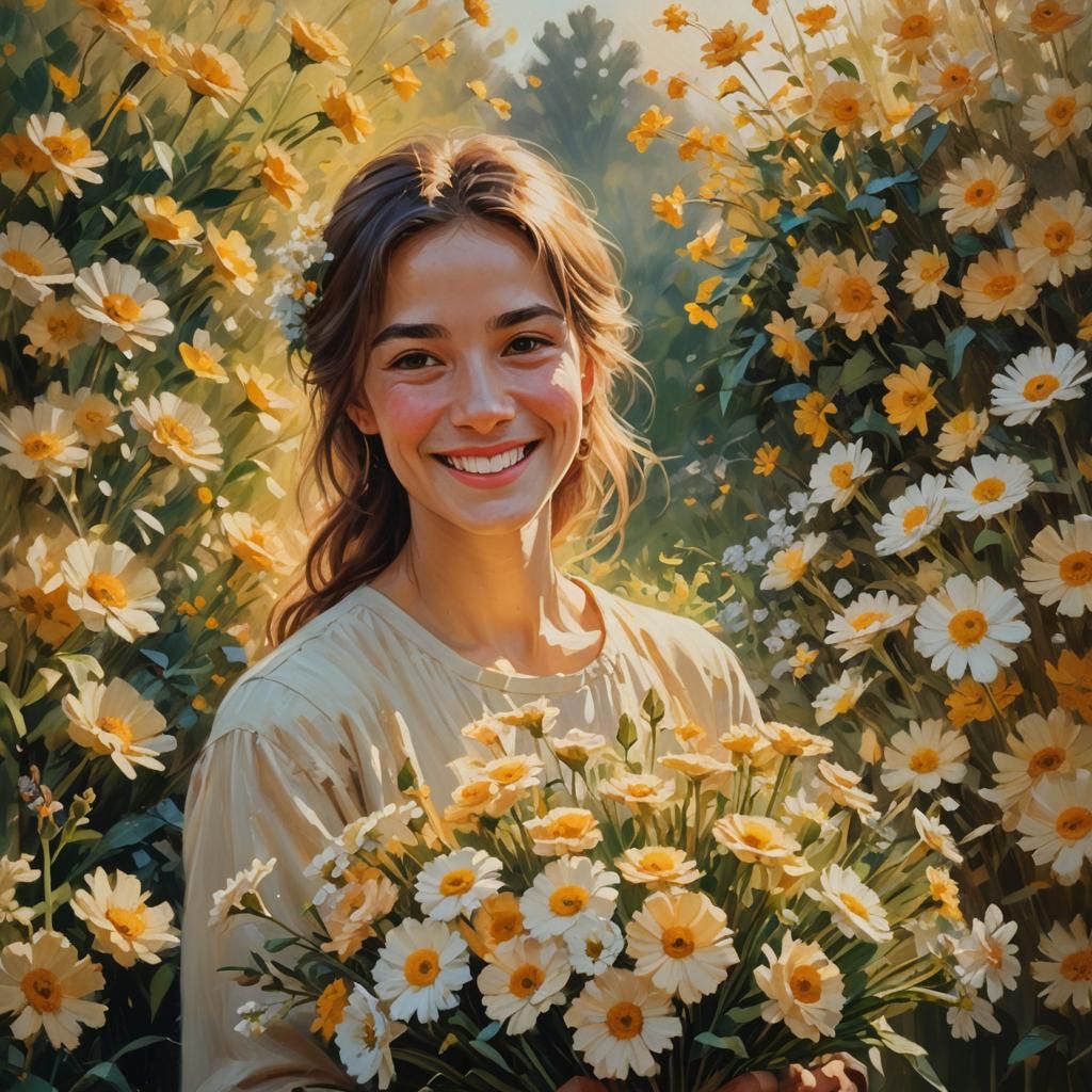 Smiling Person Surrounded by Flowers: Impressionism Portrait