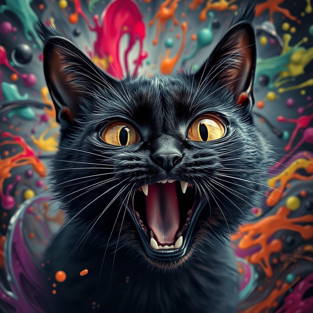 Frenzied Feline in Surreal Fluid Art Vortex