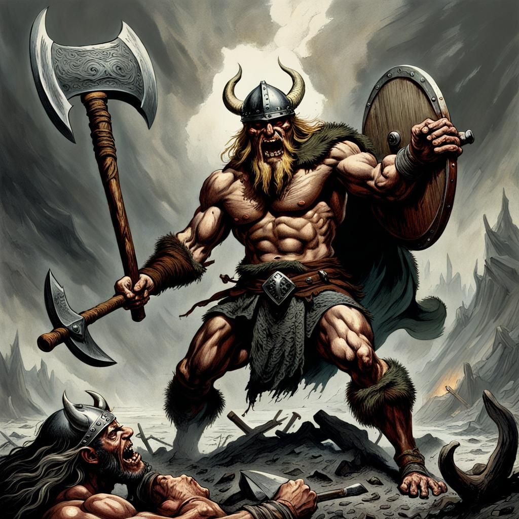 Barbarian Attacks Demon in Horror Style