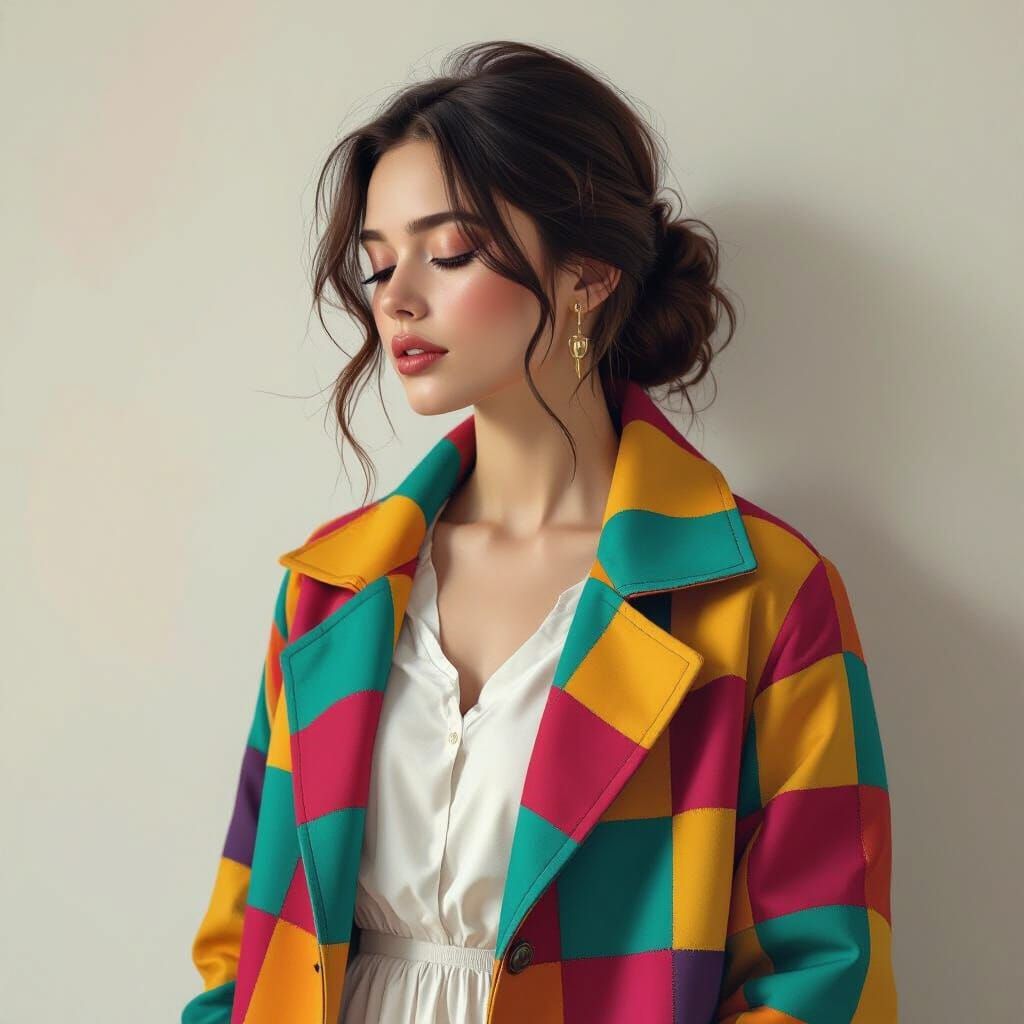 Contemplative Woman in Patchwork Coat