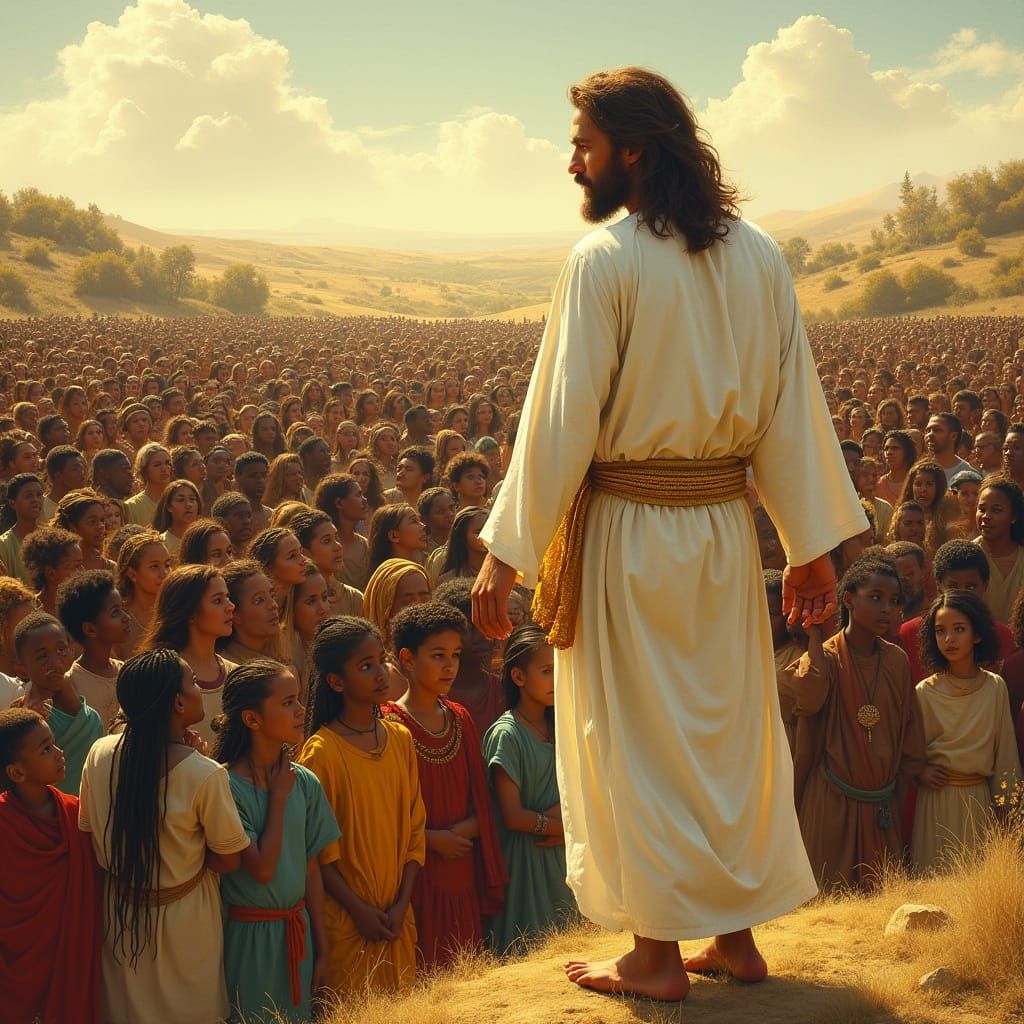 Jesus Teaches a Diverse Multicultural Crowd in a Vibrant Sun...