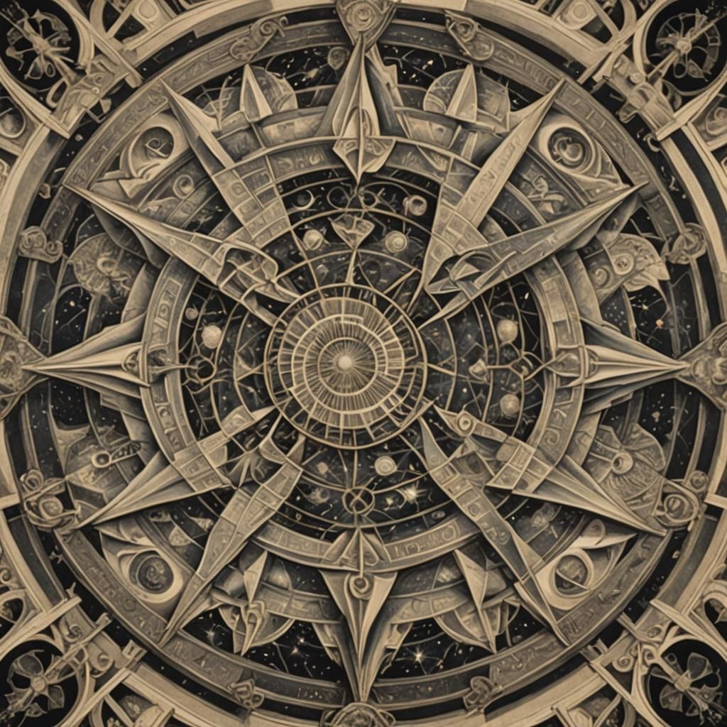 Art by M.C. Escher, Leonardo da Vinci, cosmic mandala, celestial bodies arranged in sacred geometric patterns, fractal g...