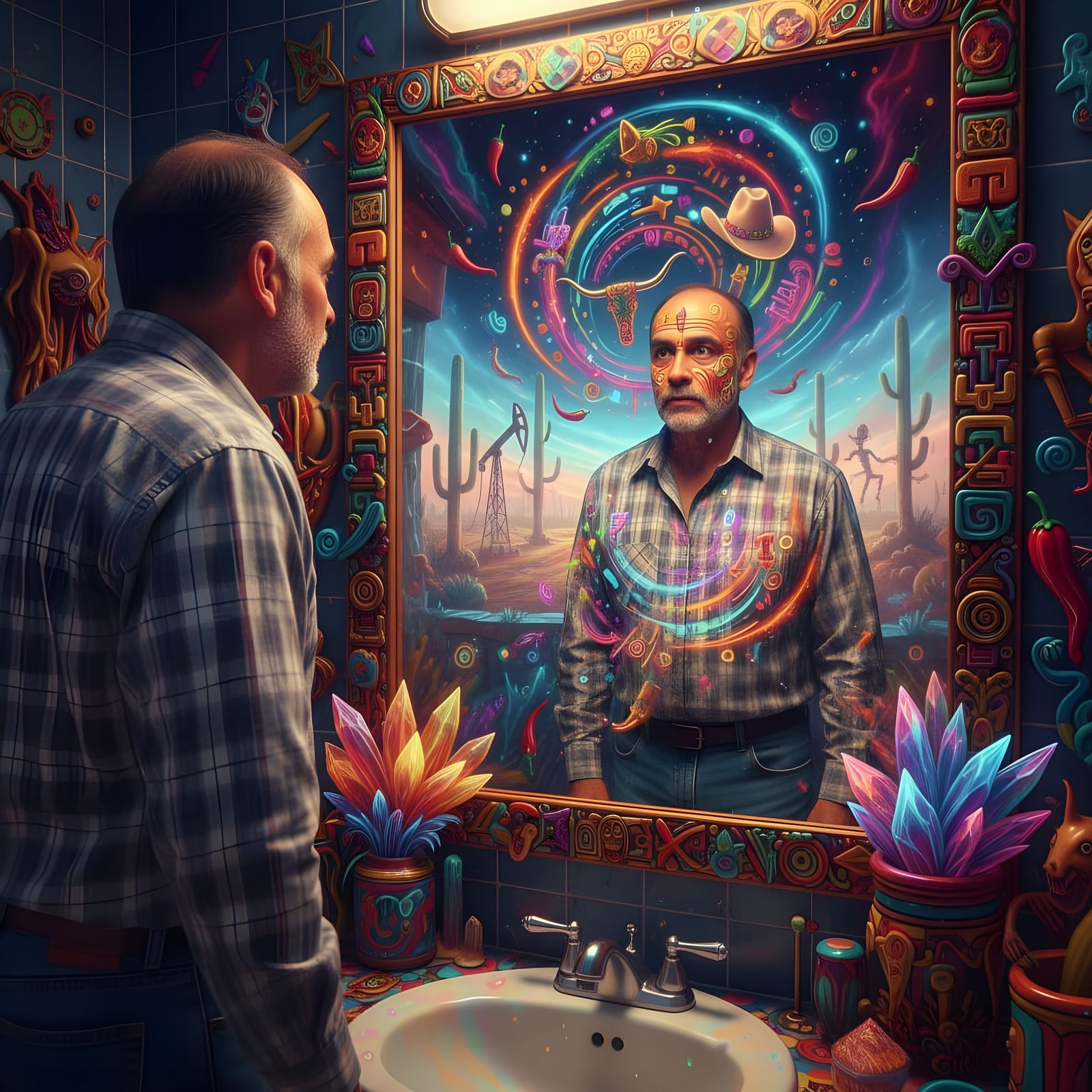 Surreal Reflection of Texan Man in Psychedelic Style