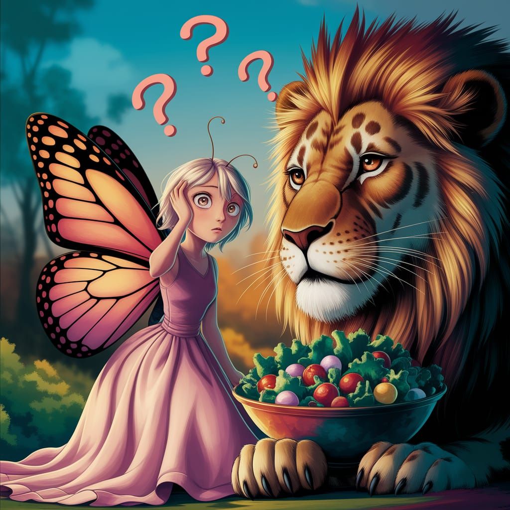 Confused Butterfly and Lion in Animated Landscape