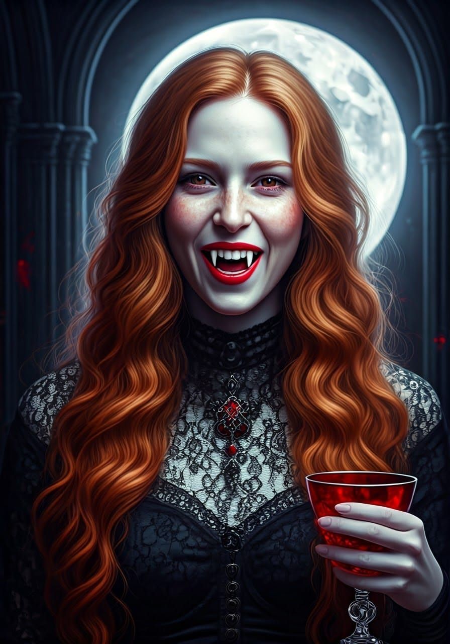 Redhead Vampire Laughing in Gothic Castle, Photorealistic