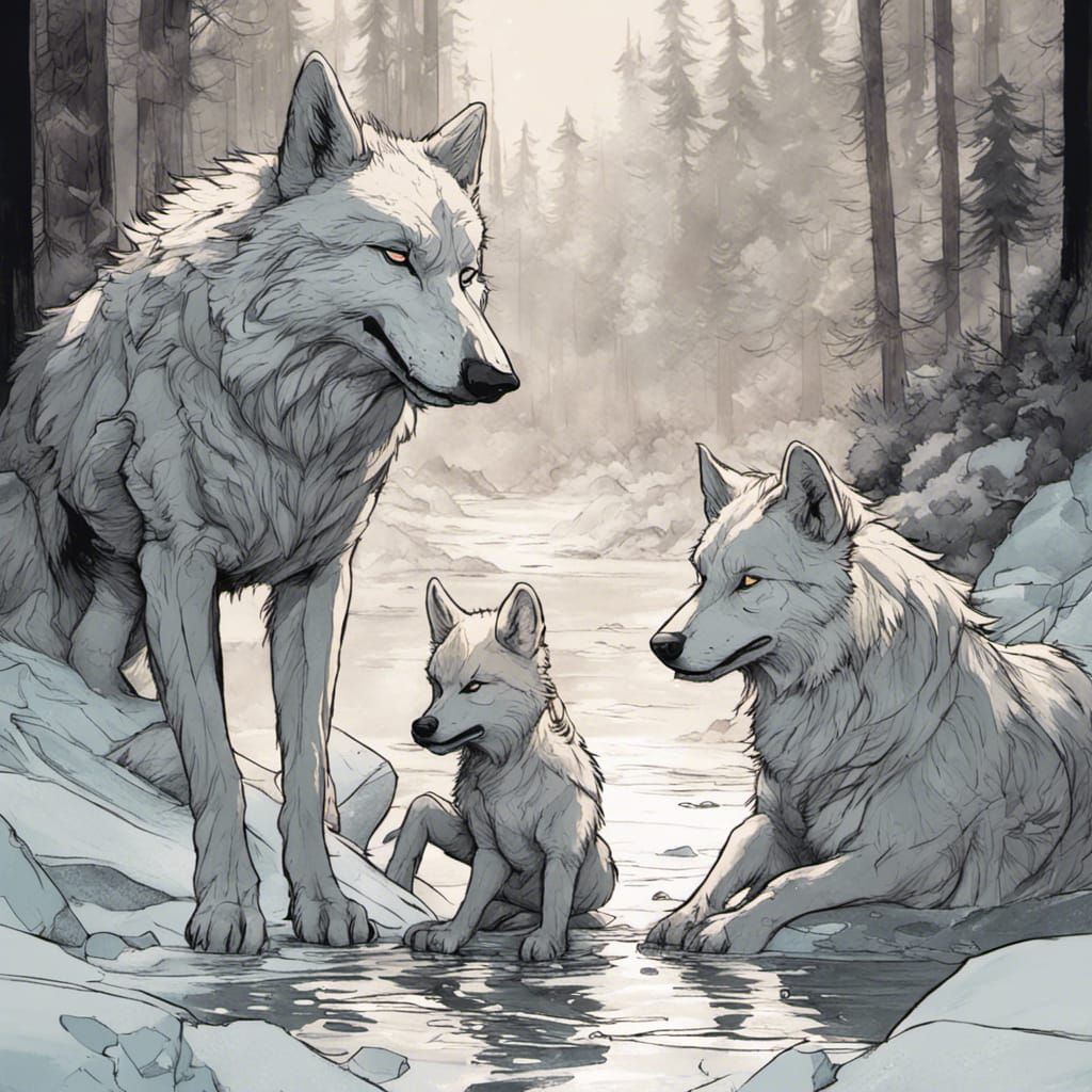 Wolf Nursing Babies: Hyperdetailed Artstation Masterpiece