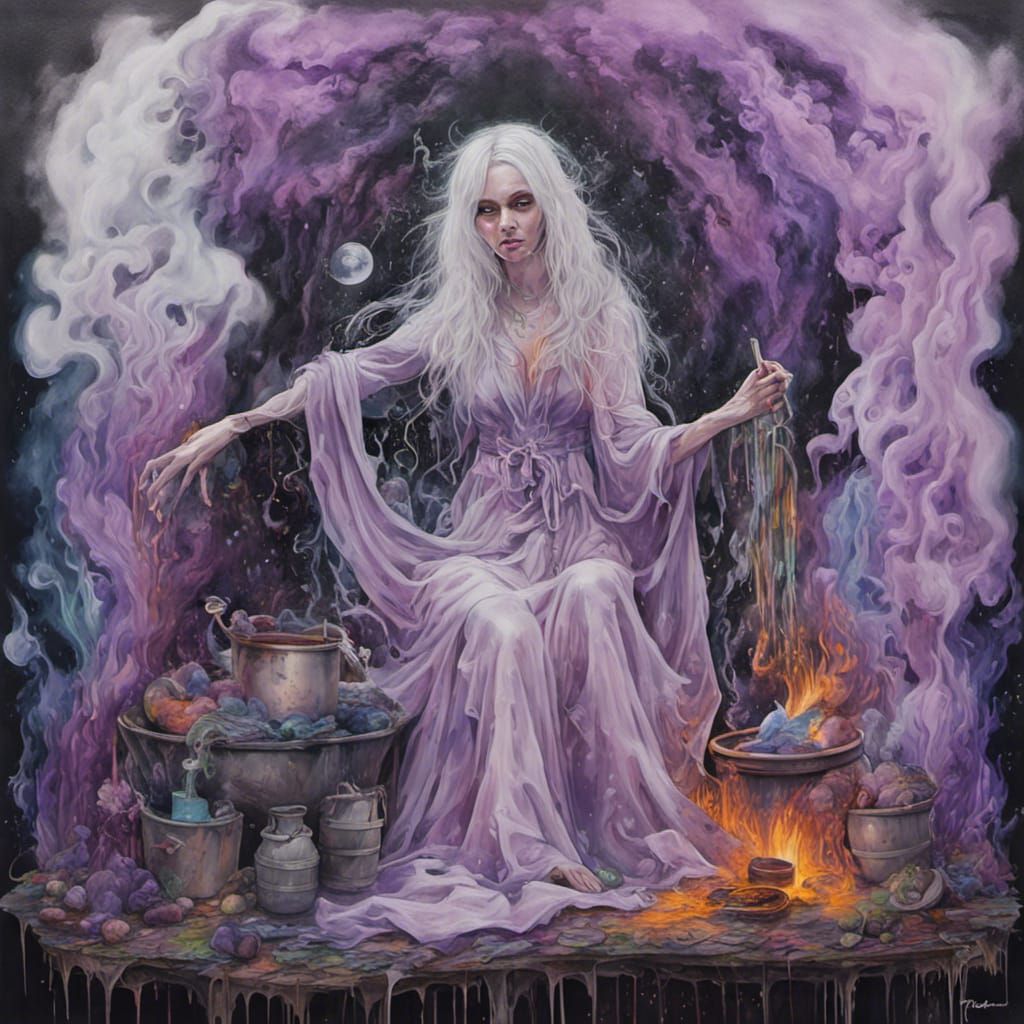 Amethyst Witch Brewing Spells in Graffiti Art Style