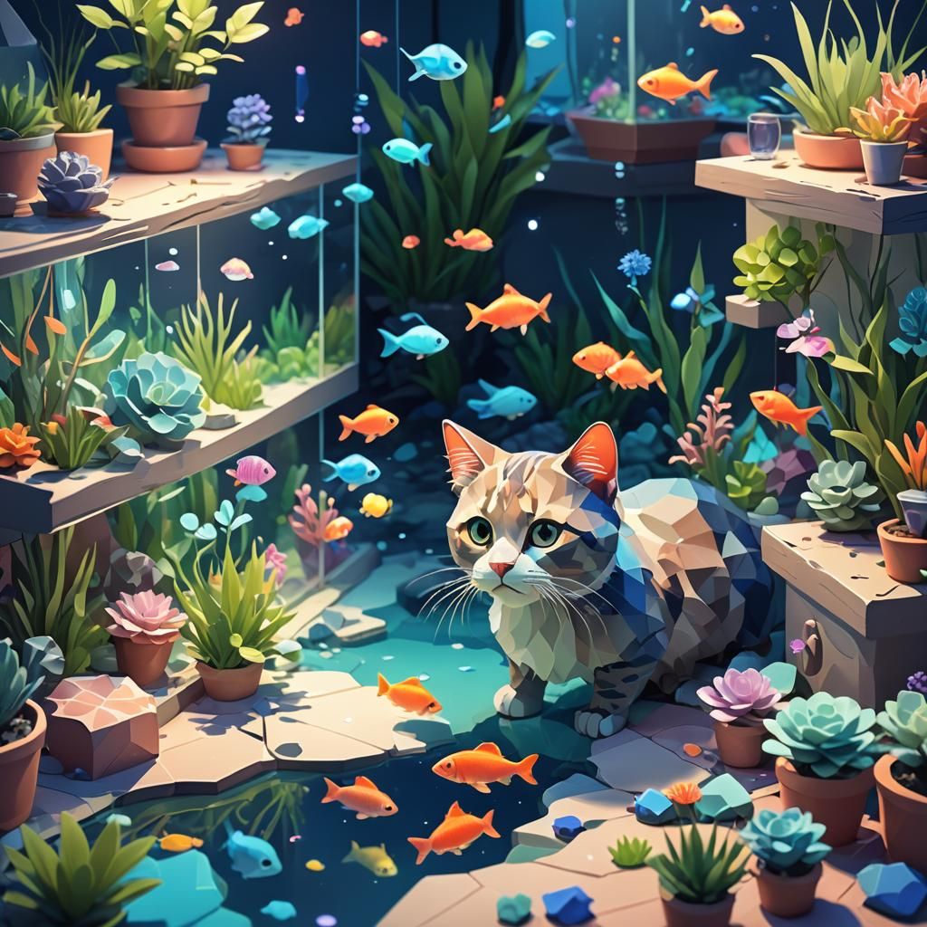 Whimsical Cat and Fish Tank in Low-Poly 3D