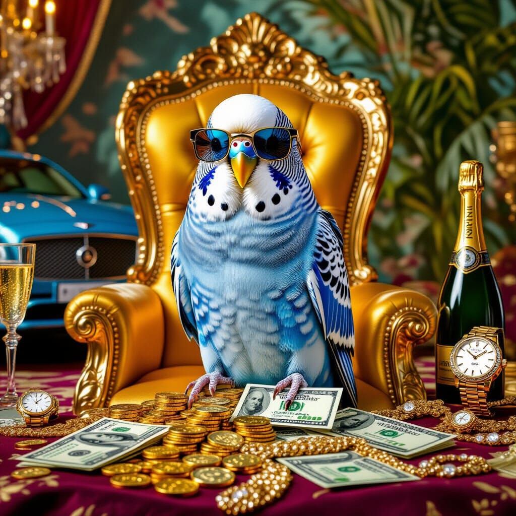 Opulent Budgie on Golden Throne, Hyper-Realistic Portrait