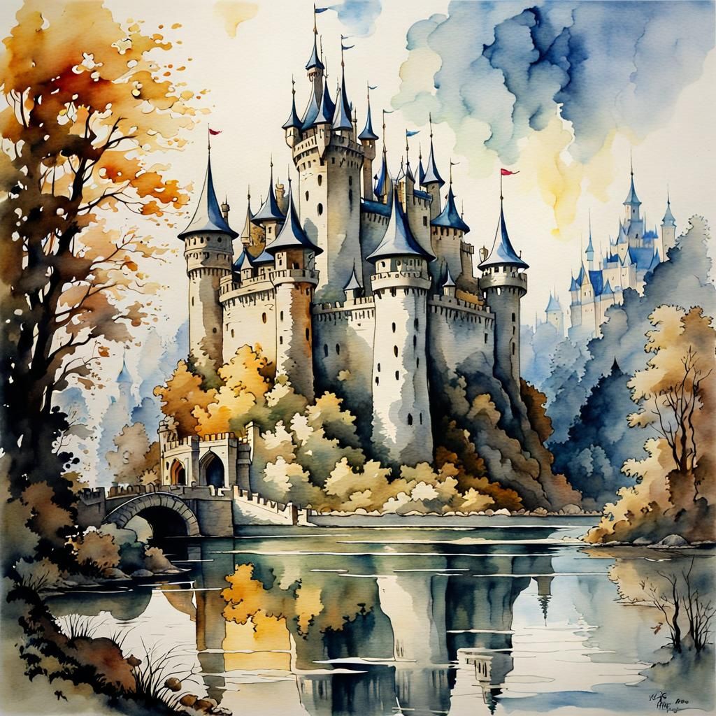 Fairytale Castle: Watercolor Painting with Water Reflection
