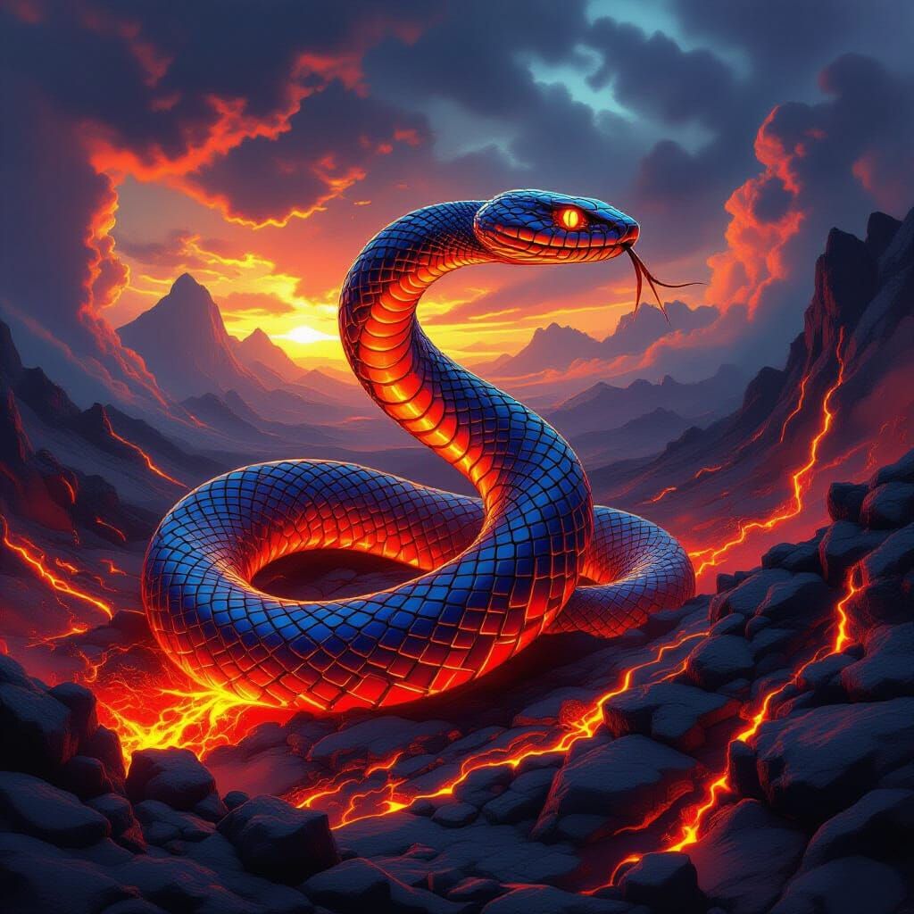 Lava Diamondback Snake Soars Through Volcanic Sky