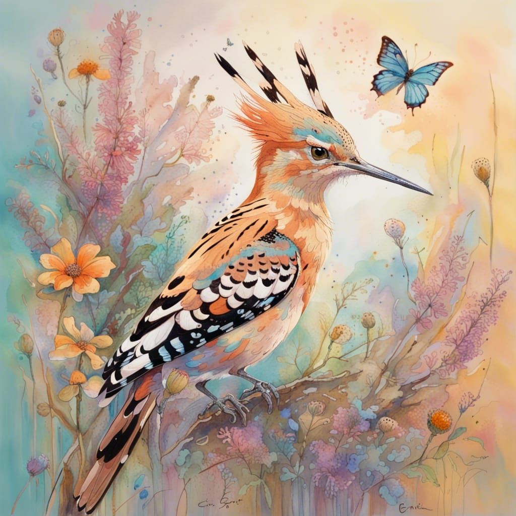 Hoopoe in Wildflowers: Impressionistic Bird Art