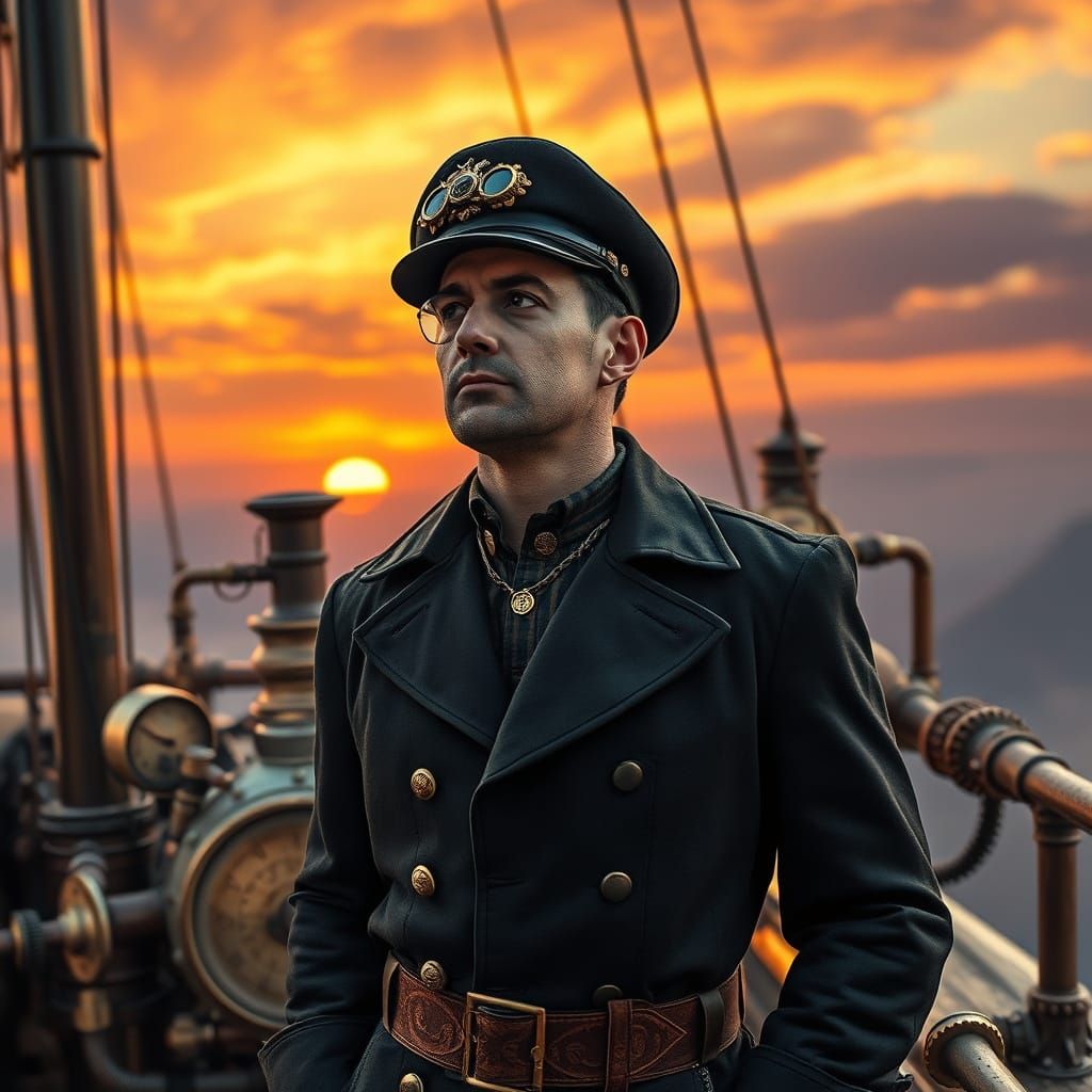 Steampunk Airship Captain in Brass Monocle and Leather Corse...