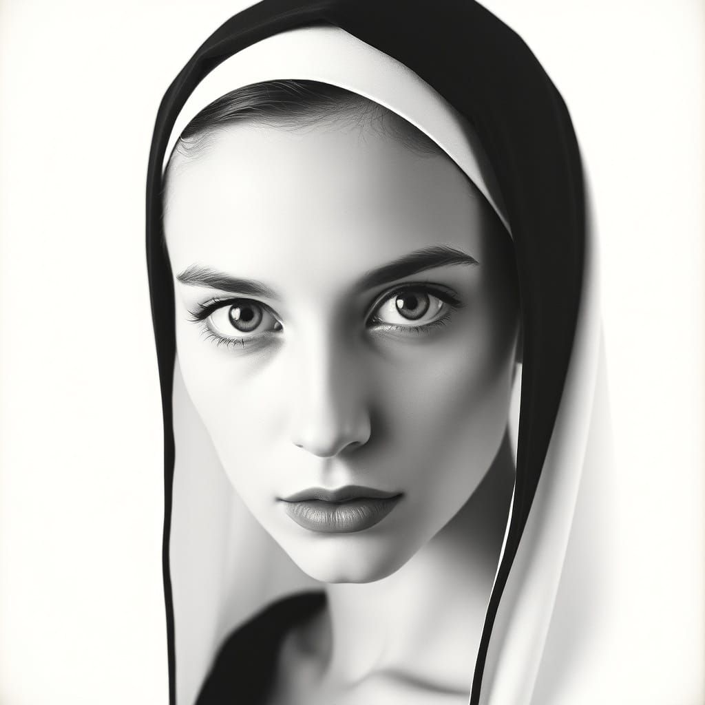 Ethereal Pinup Nun in Split-Tone Minimalism
