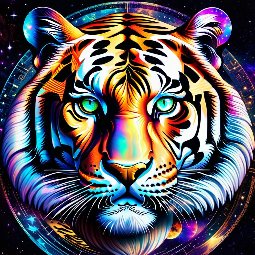 Holographic Tiger Eye Astral Illustration in Mixed Media