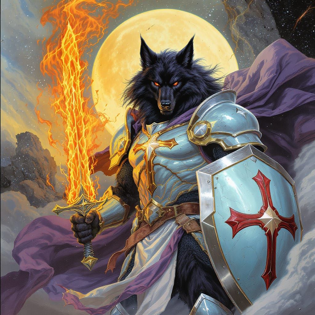 Armored Wolf Warrior with Flaming Sword
