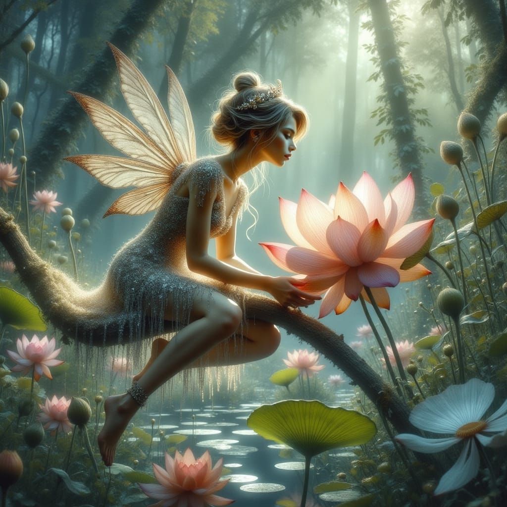 Delicate Fairy on a Glass Lotus in Dreamy, Surreal Style
