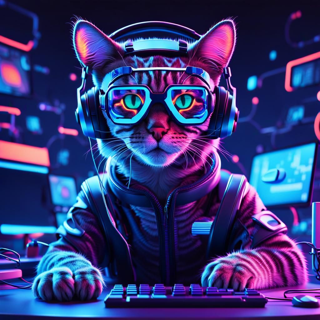 Cool Cat in Cyberpunk Pixel Art Style