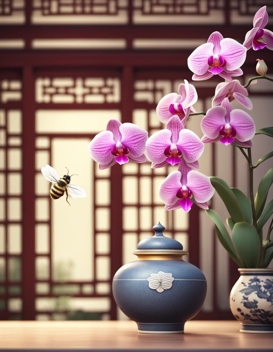 Bee on Orchid in Chinese Vase: 3D Render