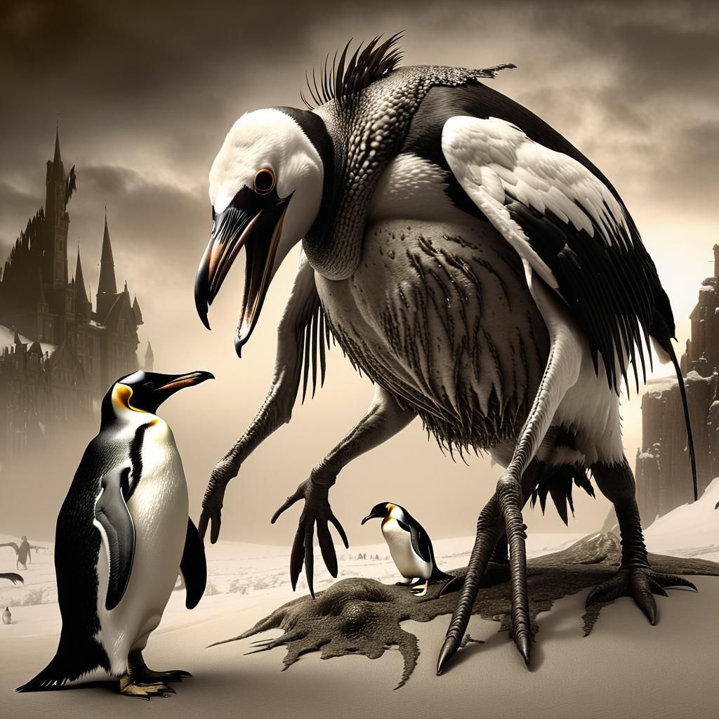 Nightmarish Daemon and Penguin in Sepia Horror