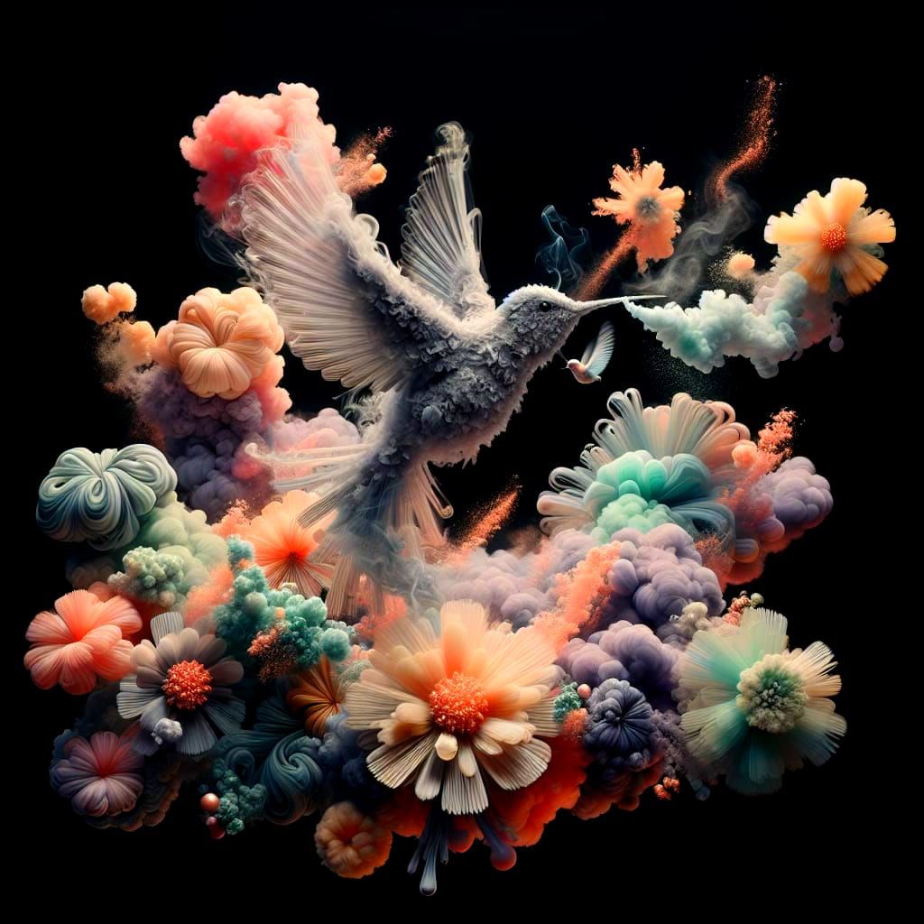 Luminous Smoke Hummingbird with Japanese Calligraphy