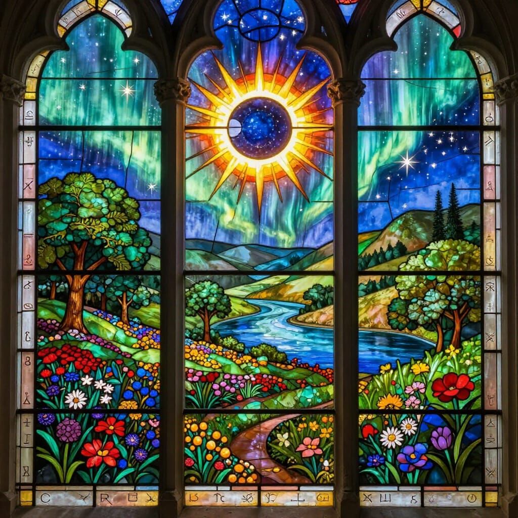 Stained Glass Eclipse: Celestial Valley with Zodiac and Alch...