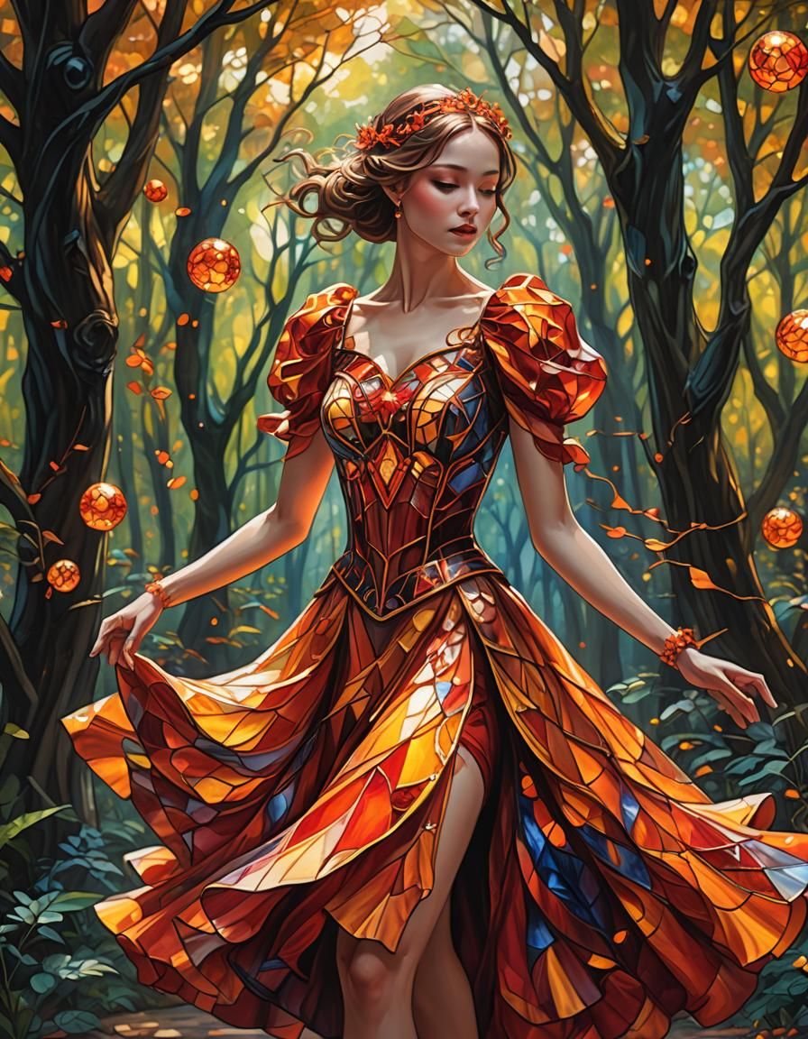 Stained Glass Ball Gown in Forest, Oil Painting