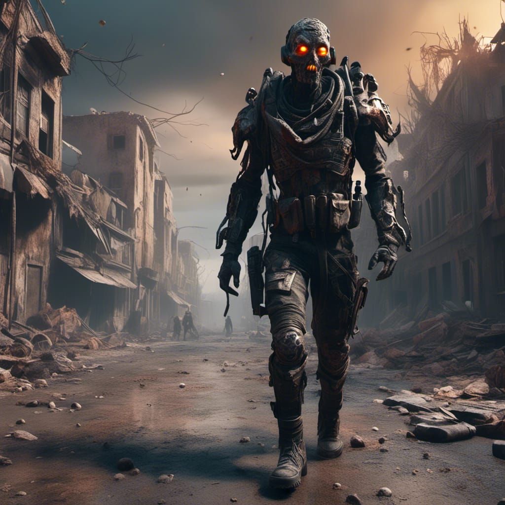 Futuristic Soldier in Post-Apocalyptic Cityscape