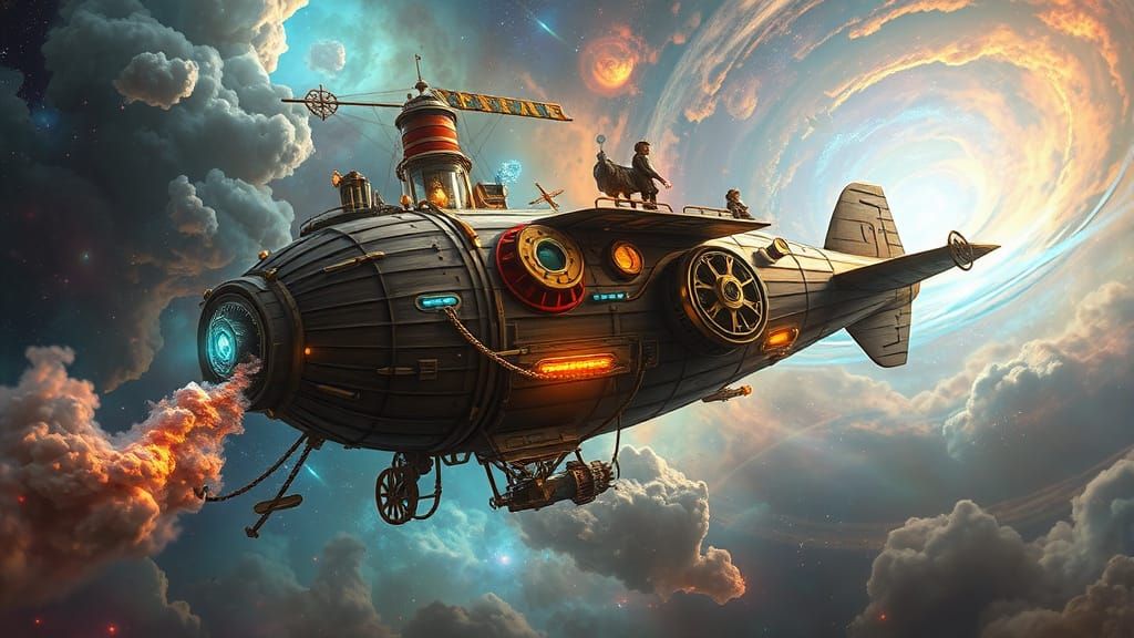 Steampunk Airship Soaring Through Vibrant Nebula