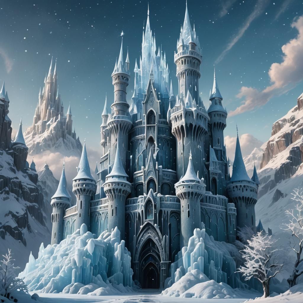 Majestic Ice Castle in Snowy Landscape, Digital Art
