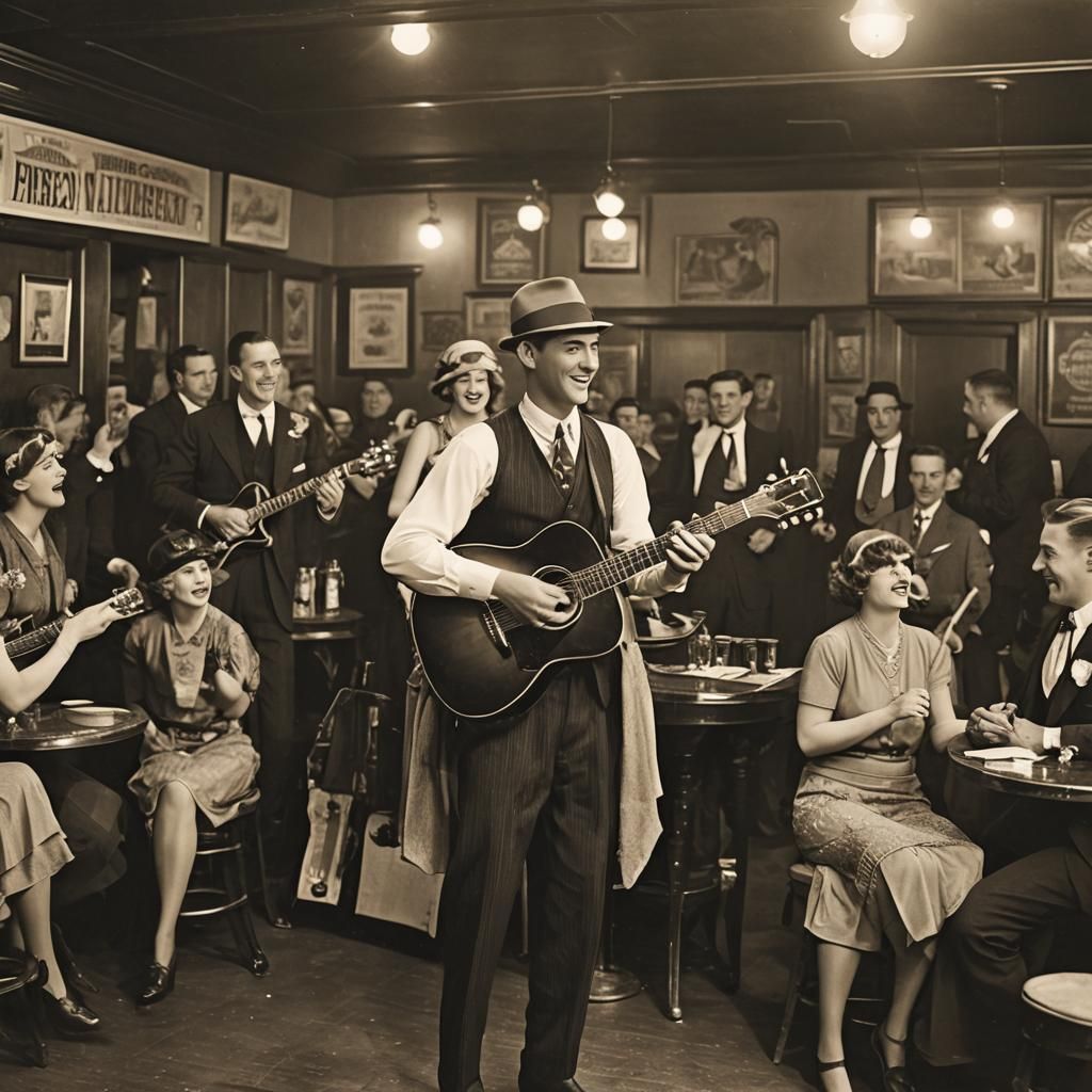 Roaring 20s Bar Scene with Singer and Guitar